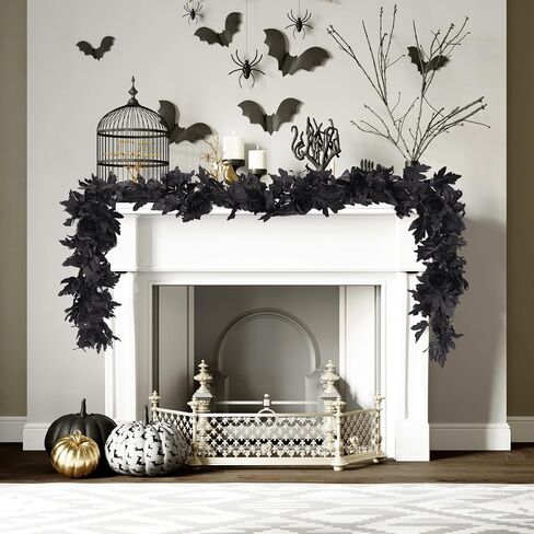 RECUTMS 2pcs Black Maple Leaf Artificial Hanging Plants Faux Fall Leaves Halloween Garland Fake Plants Wall Hanging Indoor Outdoor Halloween Decoration in Saudi Arabia