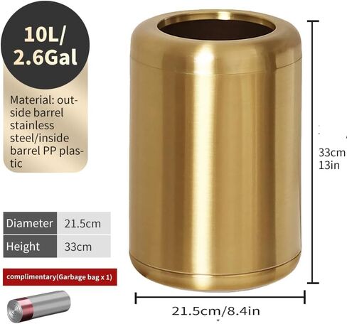 10L/2.6Gallon Small Gold Bathroom Trash Can,Brushed Gold Bathroom Garbage Can，Brass Trash Can for Bathroom,Vanity Bedroom,Hotel,Dressing Room，Rv, Store (135 Gold) in Saudi Arabia