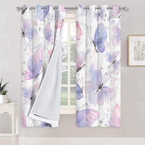 Watercolour Butterfly Blackout Curtain Panels for Living Room Pink and Purple Butterflies Art Thermal Insulated & Energy Efficiency Window Draperies with Black Liner W42 x L63 Inch in Saudi Arabia