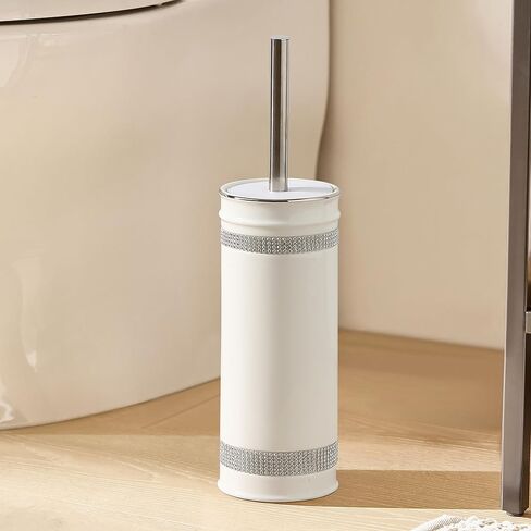 مجموعة فرش المرحاض السيراميكية من إكسسوارات الحمام - فرشاة وحامل المرحاض (أحجار الراين، أبيض) in Kuwait