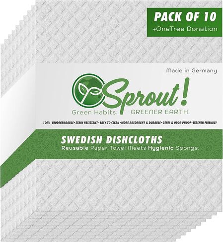 Sprout! Swedish Dishcloths for Kitchen, Household & Commercial Cleaning | Durable & Reusable Cellulose Sponge Cloths | Absorbent & Hygienic Paper Towel Replacement | White | 10 Pack in Saudi Arabia