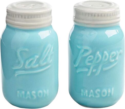 World Market Ceramic Mason Jar Salt and Pepper Shaker - Great Kitchen Accessories 1 Salt and 1 Pepper Jar - Retro Table Countertop and Kitchen Decor Wrap for Holiday Giveaways, and Souvenirs - Blue in Saudi Arabia
