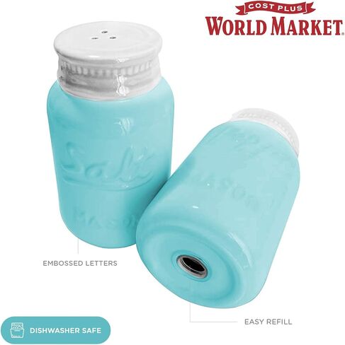World Market Ceramic Mason Jar Salt and Pepper Shaker - Great Kitchen Accessories 1 Salt and 1 Pepper Jar - Retro Table Countertop and Kitchen Decor Wrap for Holiday Giveaways, and Souvenirs - Blue in Saudi Arabia