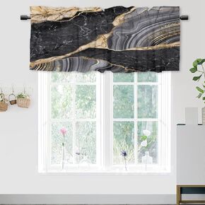 Curtain Valance for Windows Black and White Marble Print Kitchen Valance Curtains,Gold Abstract Art Rod Pocket Decor Short Window Curtain for Bathroom Bedroom Living Room 1 Panel, 54x18 Inch