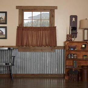 VHC Brands Burgundy Check Primitive 24"x36" Tier Pair Red Rod Pocket Cotton Kitchen Window Curtains