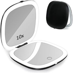 LED Light Travel Makeup Mirror 1X 10X Magnified Compact Mirror USB Charging Folding Mirror Touch Screen 3 Colors Brightness Adjustable Portable Mini Mirror for On The Go and Handbag