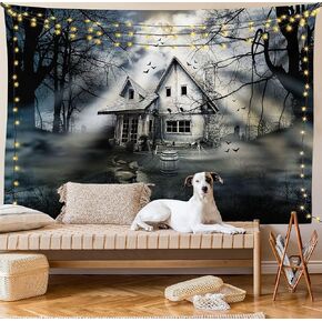 Lunarable Halloween Tapestry King Size, Haunted House with Dark Horror Atmosphere Cloudy Mysterious Frightening, Wall Hanging Bedspread Bed Cover Wall Decor, King Size, Black White