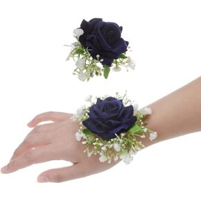 Corsage and Boutonniere Set,2PCS Artificial Rose Wrist Corsage Wristlet,for Wedding Bridal Bridesmaid Wrist Corsage Corsage Ball Decoration (Dark Blue)