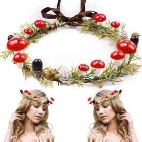 MEMOVAN Floral Headpiece Hairband - Christmas Red Berry Stems Spray with Pine Cone Holly Stem - Wreath Headband for Women Girl - Holiday Decoration