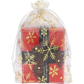 Jexila 100PCS Christmas Organza Bags 4X6 inches Snowflake Pattern Christmas Small Mesh Drawstring Gift Bag Christmas Party Favor Goodie Candy Treat Bags