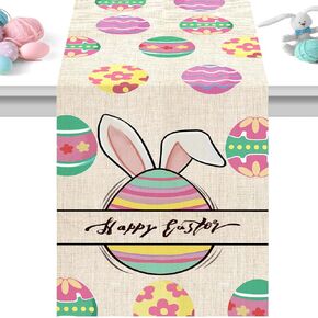 Easter Table Runner 13 x 72 Inches, Made of Linen, with Colorful Eggs Pattern,Easter Decorations for The Home