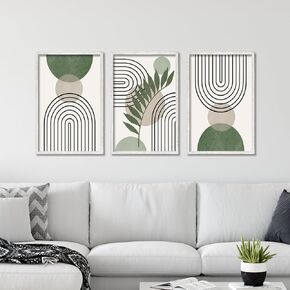 Sage Green Boho Wall Art Decor 16"x11" Set of 3 Minimalist Geometric Line Leaf Sun Moon Artwork Paintings Living Room Office Abstract Botanical Soild Wood Framed Sign Wall Hanging (Black)