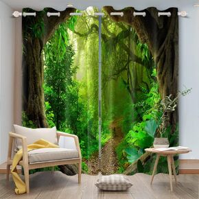 Spring Enchanted Forest Window Curtains Tropical Rainforest Green Jungle Leaves Old Trees Window Drapes 2 Panels Set for Living Room Bedroom Decor Window Treatment, 52x63 Inch