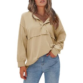 قمصان هينلي بأكمام طويلة موضة خريف 2024 للسيدات من EXLURA قمصان غير رسمية بأزرار للأسفل ورقبة على شكل حرف V بلوزات تونيك فضفاضة ملابس علوية in Kuwait