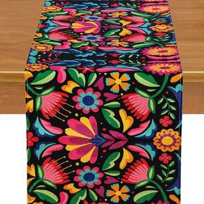 Mexican Fiesta Table Runner Decorations Cinco De Mayo Dia De Los Muertos Day of The Dead Table Runner Decorations Rustic Linen Mexican Party Home Dining Room Kitchen Table Decor,70.9 x 13 Inches