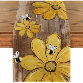 Artoid Mode Wood Floral Bee Flower Summer Table Runner, Seasonal Kitchen Dining Table Decoration for Indoor Party Home 13x36 Inch