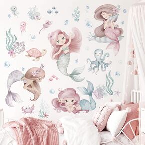 wondever Mermaid Tail Wall Stickers Under The Sea Mermaid Bubble Seaweed Peel and Stick Wall Art Decals for Baby Nursery Girls Bedroom Bathroom