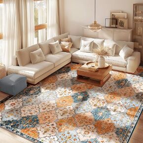Area Rugs for Living Room 8x10 Washable Area Rugs Boho Vintage Design Indoor Decor Carpet, Non Slip Low Pile Soft Area Rugs Water Repellent Polyester Cream Orange