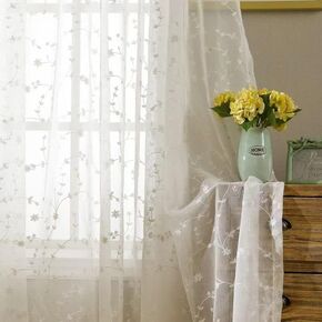 Floral Vine Embroidered White Sheer Voile Bedroom Curtains Rod Pocket Voile Window Curtain for Living Room, Set of 2 Panels (54x63 Inch(W x L))