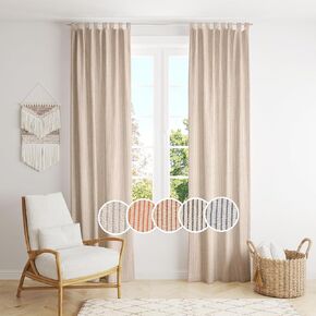 Gauze Striped Curtains, Boho Linen Gauze Tab Top Hanging Curtains Light Filtering Door Window Treatment 2 Panel Curtain Drapes for Living Room Home Décor Blue on Beige (72"x42" Each Panel)