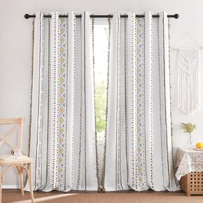 NICETOWN White Boho Fall Macrame Curtains 84 inch Long 2 Panels, Grommet Decorative Thermal Curtains Yellow and Black Eclectic Bohemian Room Darkening Drapes for Living Room/Bedroom, W52 x L84