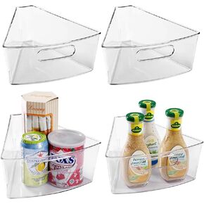 Oubonun Lazy Susan Organizers Set of 4, 10.2"x 9.4"x 4" Plastic Transparent Kitchen Cabinet Storage Bins with Handle, 4" Deep Container, 1/8 Wedge - Food Safe, without BPA