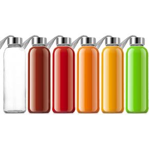 QCen 18oz Clear Glass Bottle for Juicing, Reusable Glass Water Bottles for Juicer Machine, with Stainless Steel Leak-Proof Lids, Wide Mouth Liquid Storage Containers, BPA Free, Set of 6