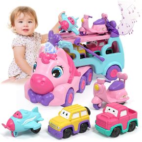 Lehoo Castle Toddler Girl Toys, 5-in-1 Toy Cars for Girls with Lights & Music, 1 2 3 Year Old Girl Toys, Unicorn Toys, Car Carrier Truck Toy, Toys for 1 2 3 Year Old Girls