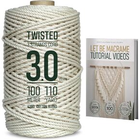 LET BE Macrame Cord 4mm x 110Yards, Easy Tutorial Videos, Premium Twisted Cotton Blend Cord Natural Color for Wall Decor, Wall Hanging Plant and Home Decor (4mm x 100m)