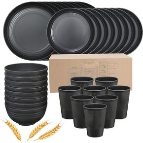 Plates and Bowls Sets for 8, 32-Piece Kitchen Dinnerware Set for 8 Tableware Wheat Straw Dinner Plates, Dessert Plates, Bowls and Cups, Dishes Set for Home Parties Camping - Black