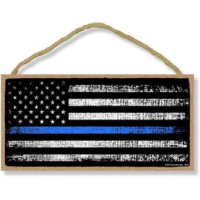 Honey Dew Gifts Man Cave Bar Patriotic Signs, Thin Blue Line American Flag 5 inch by 10 inch Hanging Wall Art, Decorative Wood Sign, American Flag Wall Decor, 75845