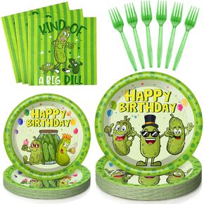 Geyoga 96 Pcs Funny Pickle Party Decoration Pickle Disposable Plate and Napkin Fork Cute Cartoon Pickle Paper Plates Birthday Party Supplies for Funny Pickle Fans Kids Baby Shower Party Supplies