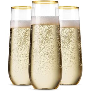 Munfix 36 Pack Stemless Plastic Champagne Flutes, Disposable 9 Oz Gold Rim Clear Plastic Toasting Glasses Shatterproof Recyclable and BPA-Free