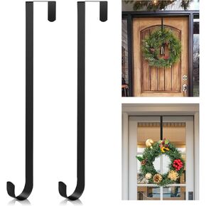 2 Pack 15" Wreath Door Hanger, Wreath Hooks for Front Door 40lb Load-Bearing, Metal Wreath Hanger for Welcome Sign Christmas Halloween Easter Decor (Black)