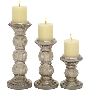 The Novogratz Glass Handmade Turned Style Pillar Candle Holder, Set of 3 6", 9", 12"H, Gray