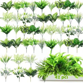 42 Bundles Artificial Plants Outdoor Fake Boston Ferns Palm Tree Leaves Artificial Grass for Outdoor Faux Greenery Bushes UV Resistant No Fade for Outdoor Garden Patio Porch Decor
