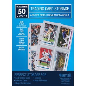 Samsill 4 Pocket Trading Card Sleeve Protectors, 25 Pack, Fits 3 Ring Mini Binders, 100 Side Loading Pockets, Holds 2.5 x 3.5 Inch Cards, Game Cards, Business Cards, Sport Cards