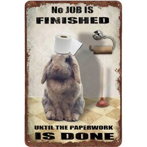 Finamille Rabbit Bathroom Vintage Tin Sign Roll Paper No Job is Finished Rustic Metal Funny Wall Decor Animal for Home Club Pub Housewarming Gift 12x8 Inch, 12inchx8inch