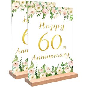 قطعتان من Vlipoeasn لتزيين طاولة الذكرى السنوية الستين للزفاف باللون الأبيض الأنيق وزهرة الفاوانيا الذهبية والفاوانيا للذكرى الستين مع حامل خشبي مفاجأة للآباء الذين يهتفون حتى 60 عامًا من الزفاف in Kuwait