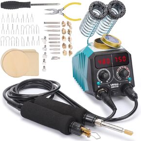 YIHUA 939D-VII Pyrography Tool Wood Burning Pen Kit Station 2-in-1 Solid-Point 200~480°C (with Temp Display)/Wire-Nib 250~750°C with 23 Nibs, 50 Solid Points, 6 Woodpieces