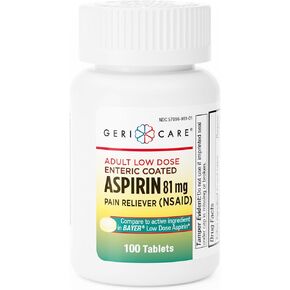 GeriCare Low Dose Enteric Coated Aspirin 81mg Pain Reliever, 100 Count (Pack of 1)