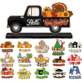 34 Pcs Interchangeable Truck Sign Seasonal Holiday Tiered Tray Decor Farmhouse Rustic DIY Welcome Wood Home Table Centerpiece Ornament for Fall Halloween Thanksgiving Birthday Gift