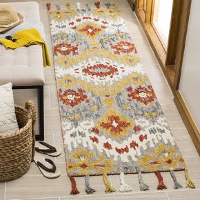 SAFAVIEH Suzani Collection 2'3" x 8' Grey / Gold SZN202A Hand-Hooked Boho Premium Tassel Wool Runner Rug