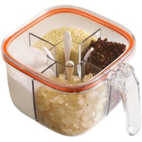 Clear Seasoning Box,4 Compartments Sealed Seasoning Box With Lid,Seasoning Box with Cover and Serving Spoons,Kitchen Condiment Jars,Plastic Seasoning Box Container Set to Storage Salt Pepper Powder