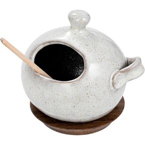 Bloomingville Stoneware Salt Jar with Wood Spoon and Coaster, Cream, Small, Multi