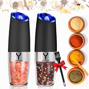 Gravity Electric Grinder set of 2, Automatic Pepper and Salt Mill Grinder with Blue LED LIGHT,Electric Pepper Mill with Adjustable Coarseness,Refillable,salt and pepper shaker,pepper grinder