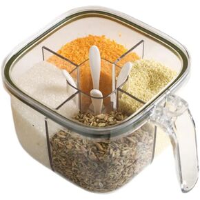 Clear Seasoning Box,4 Compartments Sealed Seasoning Box With Lid,Seasoning Box with Cover and Serving Spoons,Kitchen Condiment Jars,Plastic Seasoning Box Container Set to Storage Salt Pepper Powder in Kuwait