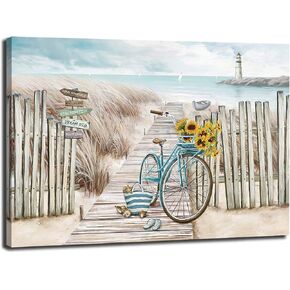 LAIART Beach Canvas Wall Art for Bathroom With Fence Wooden Path Bike Decor Lighthouse Print Pictures Artwork (16"x24")