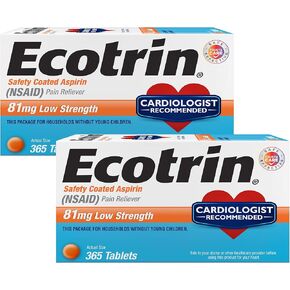 Ecotrin Safety Coated Aspirin Pain Reliever Tablets, Low Strength, NSAID 81mg, 365 ct (Pack of 2)