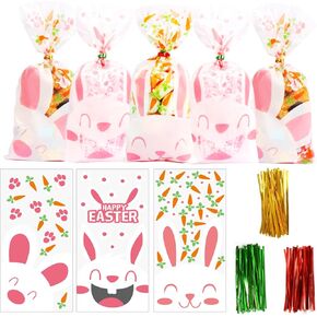 LOMIMOS Easter Cellophane Treat Bags,Rabbit Candy Cookie Packing Bags with Twist Ties, 90pcs